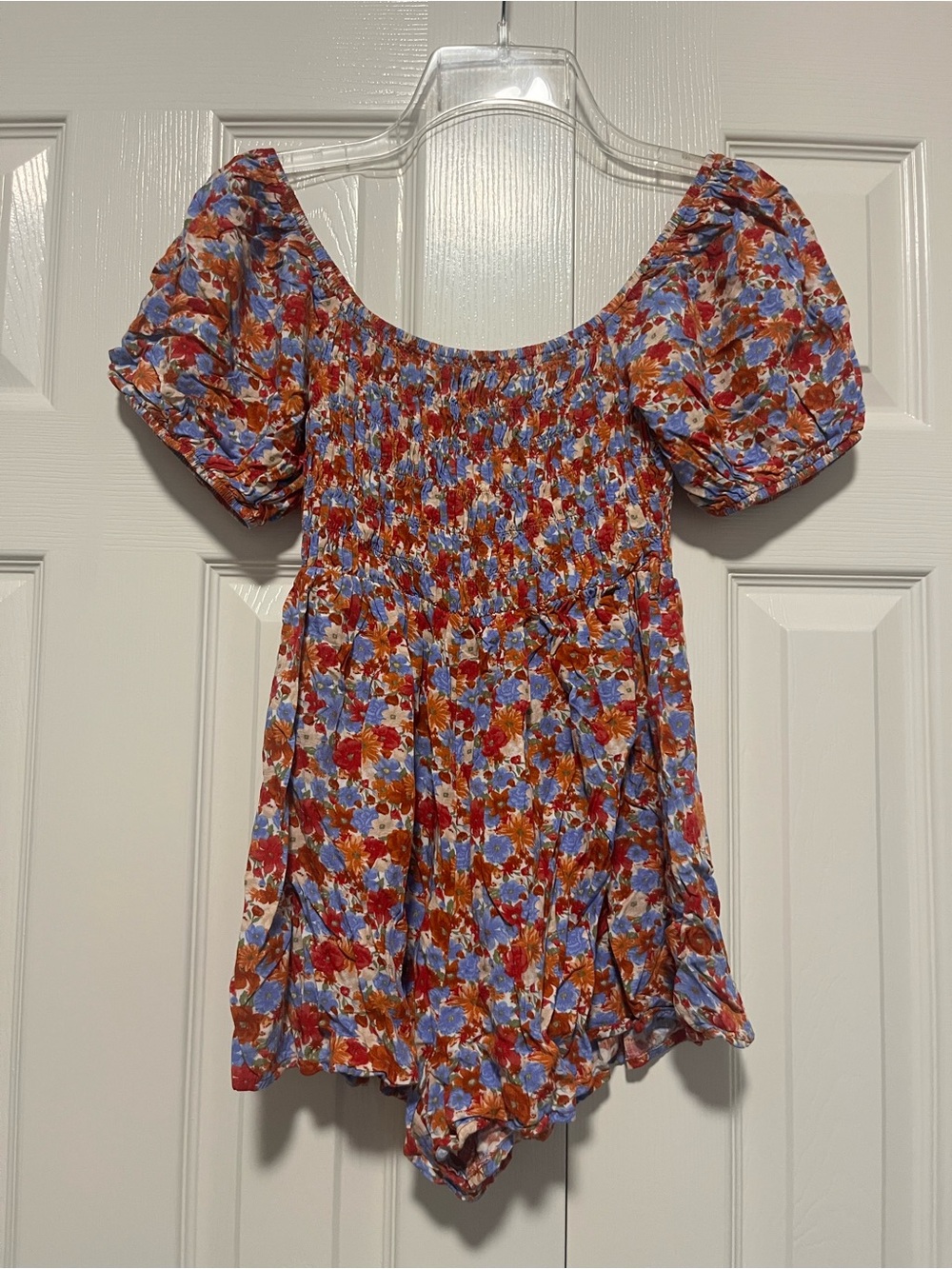 Floral Smocked Puff-Sleeve Romper - Blue & Rust